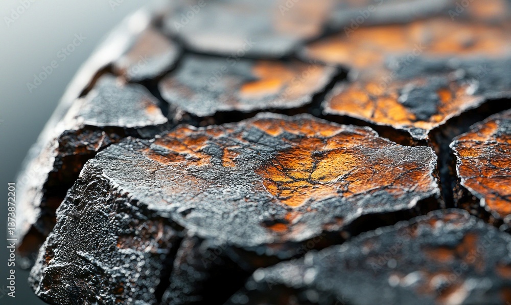Poster a detailed macro shot showing scorched and oxidized textured surface of a stone fragment.