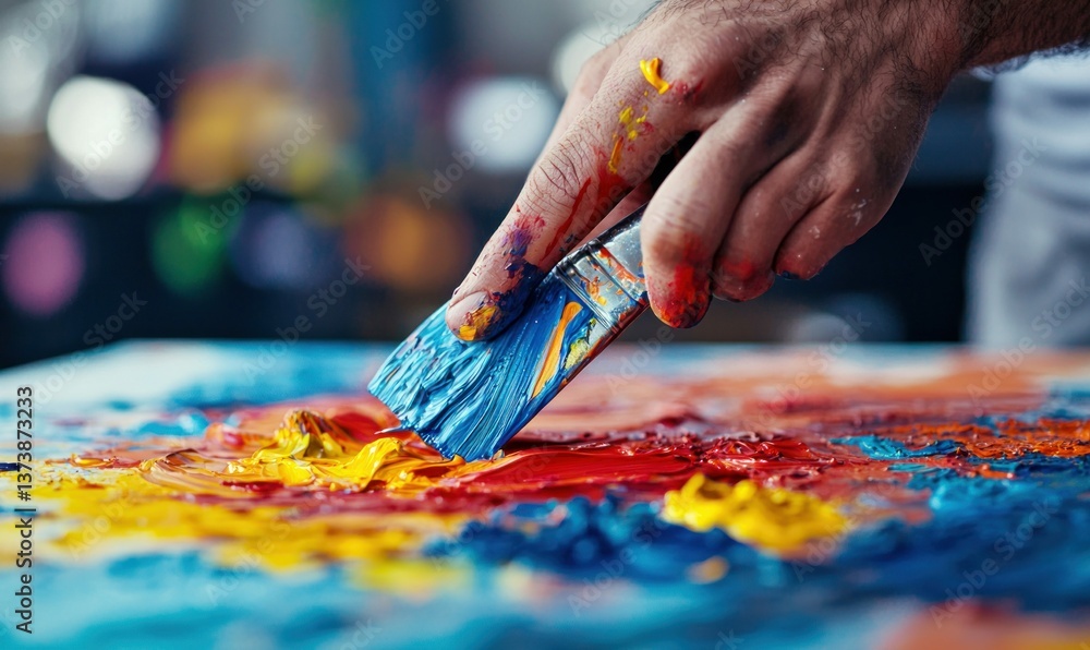 Poster a painter's hand skillfully blends vibrant colors onto a canvas with a loaded brush, creating textur