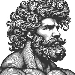 gentleman with an incredibly large, curly hairstyle, blending humor, surrealism, and vintage artistic style sketch engraving generative ai raster illustration. Scratch board. Black and white image.