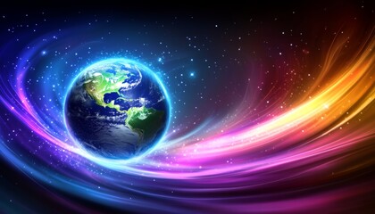 Obraz premium Earth, Our Vibrant Planet in Space with Colorful Abstract Light Trails, Nebulae Background