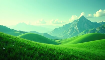 Obraz premium Abstract green landscape with rolling hills and majestic mountains, peaceful, illustration