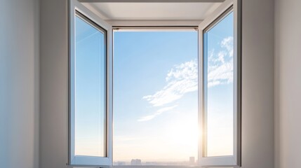 Bright open window revealing a clear sky and sunrise view, creating a serene atmosphere for relaxation and inspiration concept