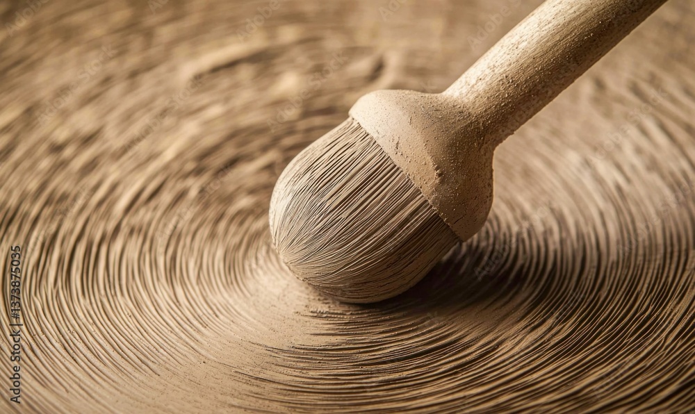 Poster a round brush creates concentric circles on a textured surface, displaying a fine pattern.