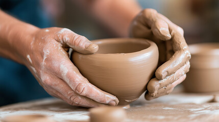 Crafting a clay bowl with skilled hands showcasing the art of pottery and creativity in a serene studio environment pottery concept