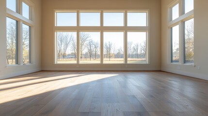 Obraz premium Spacious empty room with large windows allowing natural light to fill the space creating a bright and airy atmosphere interior design concept