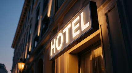 Obraz premium Elegant hotel sign illuminated at dusk showcasing welcoming atmosphere for travelers and tourists, hospitality concept
