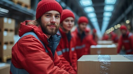 A group of warehouse workers wearing red uniforms and hats organize and handle boxes in a busy distribution center focused on efficient inventory management