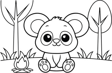 Cute Panda Cartoon Sitting Near Campfire with Trees Outline on Transparent Background