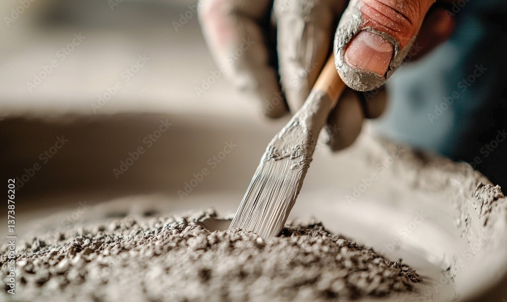 Poster an artisan carefully applies clay to pottery using a brush, creating a textured surface with precisi