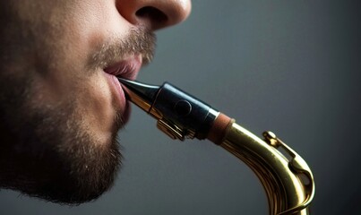 A close-up of a man playing a golden saxophone, focusing on the mouthpiece and his expression.