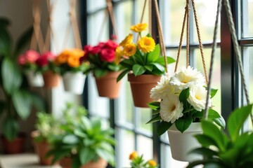 A collection of hanging potted indoor flowers on ropes, creating a beautiful and stylish decorative display,  decoration,  potted