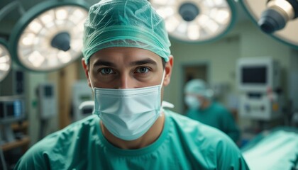 surgeon in operating room looking at camera