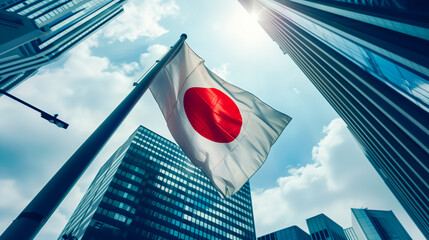 Japan national flag and government building with skyscrapers.
