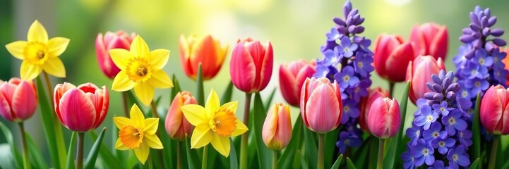 Fototapeta premium A colorful array of spring flowers including daffodils, tulips, and hyacinths, season, colorful