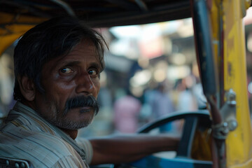 An Indian auto-rickshaw driver parked at a bustling marketplace, waiting for passengers