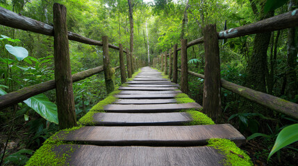 Obraz premium Lush green forest pathway with wooden planks surrounded by vibrant foliage and mossy textures inviting exploration and adventure in nature healthy living concept