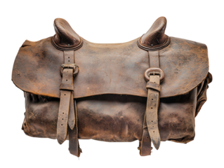 An aged brown leather cowboy saddle with engraved details. transparent PNG