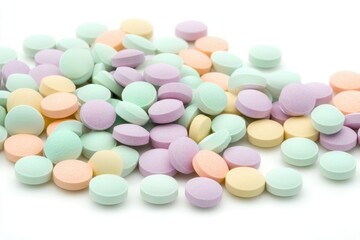 Colorful capsules, tablets and vitamins. Large planned pharmaceuticals. Suitable for use in medical, pharmaceutical and biotech projects, pharmacies, medical clinics, food and beverage brands
