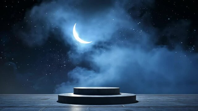 Mysterious moonlit night with a circular platform under a starry sky and gentle clouds