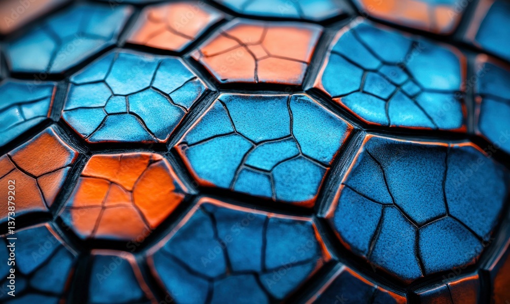 Poster a vibrant macro shot showcases an orange and blue hexagonal pattern, forming a geometric abstraction