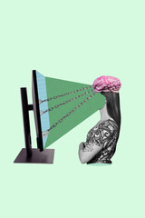 Template collage design trend artwork 3D of addiction young lady without face stand chain monitor mind brainwashing fake media misleading