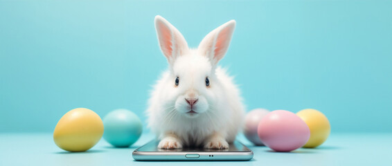 Fototapeta premium A cute white bunny sitting near colorful pastel Easter eggs and a smartphone with a serene blue backdrop, embodying the festive and joyful spirit of Easter and springtime symbolism.