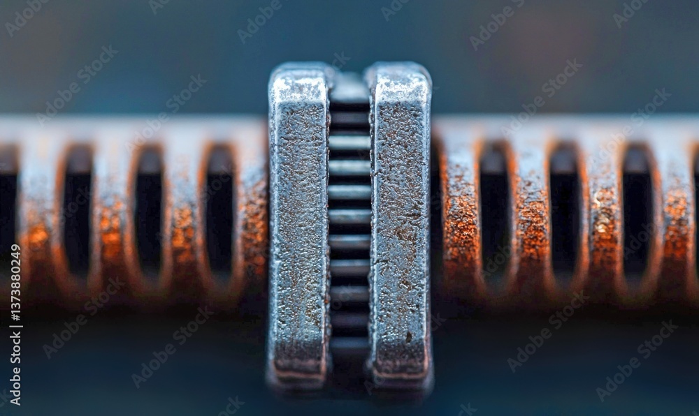 Poster detailed macro shot showcasing a rusty, oxidized metallic mechanical spring component.