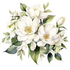 A beautiful arrangement of white flowers with green leaves, showcasing delicate petals and intricate details.