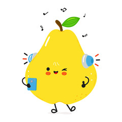 A happy Pear listens to music on headphones and holds a smartphone, enjoying the rhythm on a white background.