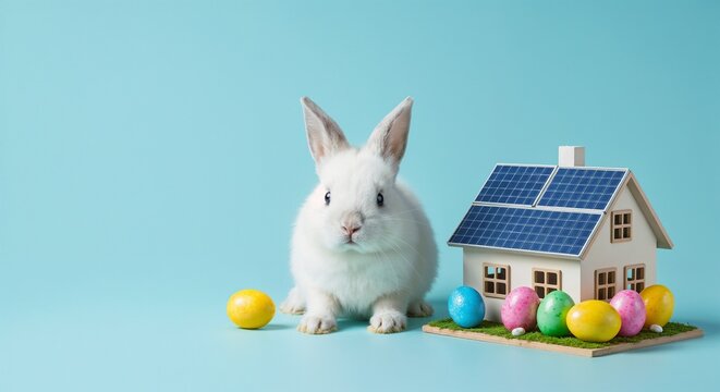 Adorable white rabbit beside colorful Easter eggs and a miniature house with solar panels on a light blue backdrop, symbolizing sustainability during holiday celebrations.

