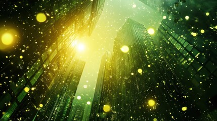 A global financial hub with skyscrapers illuminated by digital tickers, showcasing algorithmic trading activity