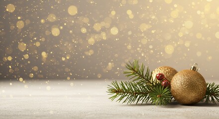 Christmas baubles with pine branch on festive golden background