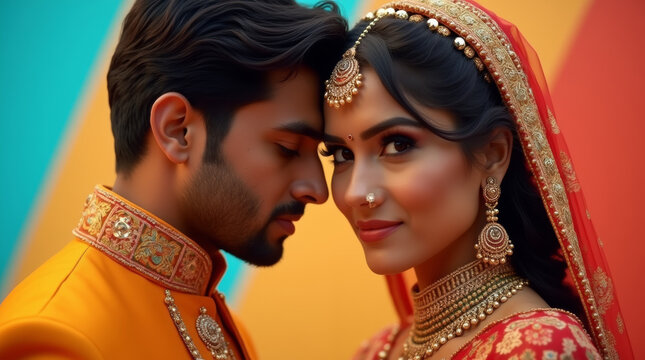 Beautiful young indian couple in traditional wedding attire on colorful background, selective focus