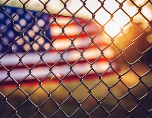 Fototapeta premium chain link fence with blurred usa flag in the background 3
