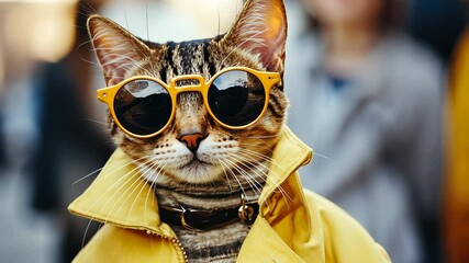 Stylish fashionable cat vibe in yellow jacket, turtleneck, dark sunglasses, embodying high fashion feline attitude with urban chic posing video 4k