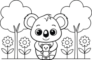 Cute Koala Hugging a Teddy Bear with Floral Elements in Black and White Outline