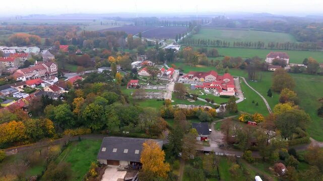 Autumn Nature At The Roman Town Of Carnuntum In Petronell-Carnuntum, Austria. Aerial Drone Shot