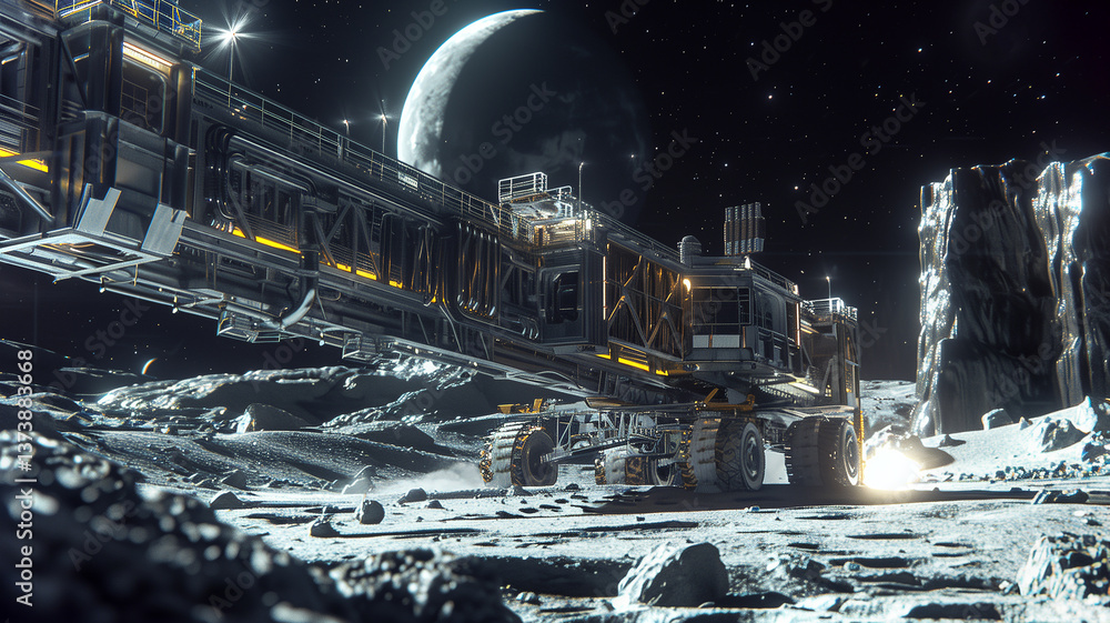 Poster this automated machinery excavates regolith from an asteroid's surface under lunar lighting conditio