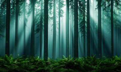 Obraz premium Sunlight streams through the trees in a vibrant forest, illuminating the lush ferns below.