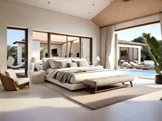 Luxurious Mediterranean bedroom suite overlooking a tranquil pool, bathed in soft sunlight and featuring a plush king-size bed and elegant neutral tones.