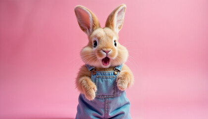 Obraz premium Charming photo of a playful bunny wearing overalls, set against a pink backdrop, radiating joy.