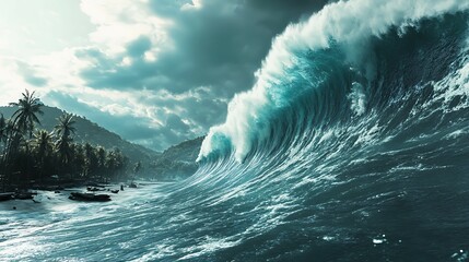 Dramatic tsunamis ocean waves, sky threat, and sea impact. Concept of the environment, landscapes, tsunami and seismic sea wave.