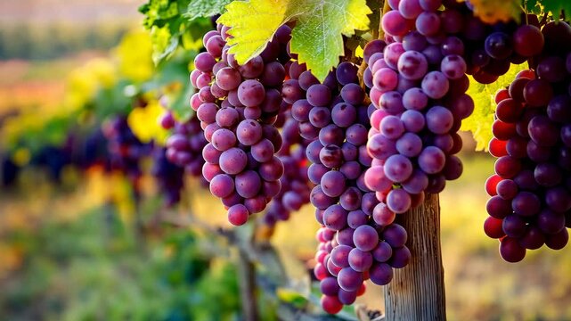 Vineyard at golden hour, heavy clusters of purple grapes hanging between wooden posts. v2