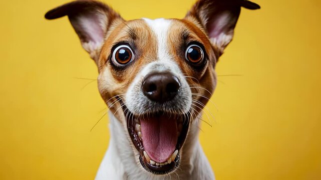 Jack russell surprised terrier widening eyes and dropping jaw, expressing surprise with comical expression facial against bright yellow background video 4k