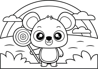 Cartoon Bear with Candy Lollipop, Rainbow and Clouds on Transparent Background