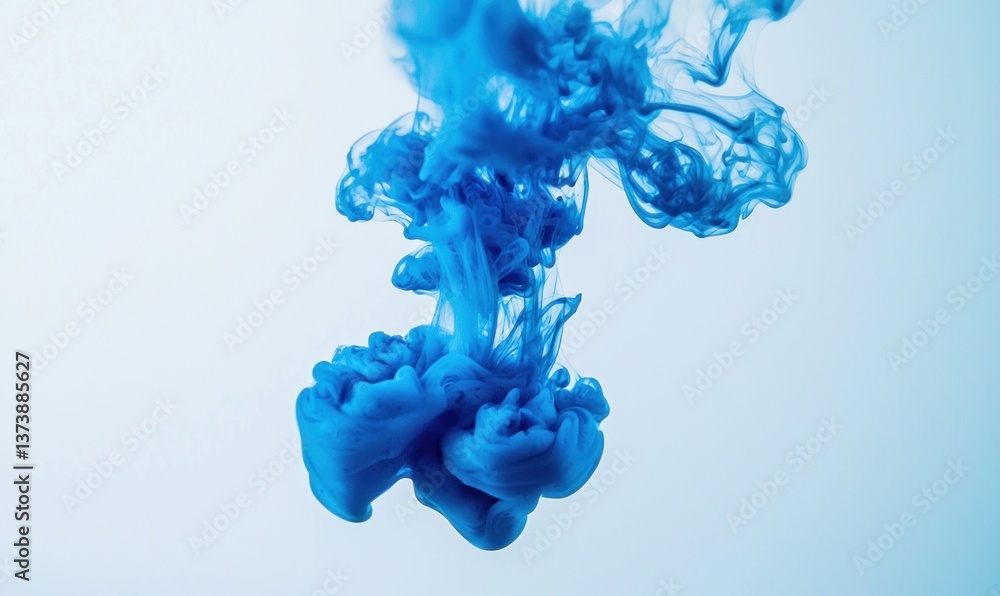 Poster Mesmerizing blue ink swirling and diffusing in water creates an abstract, dynamic underwater scene.