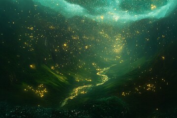 A lush valley drowning in shades of emerald green and gold under a heavy rain of glittering stardust.
