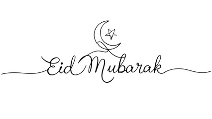 Continuous one line drawn of Eid Mubarak typography where a man under the Eid Moon praying. Moon, Star, Prayer, lantern, mosque. Vector isolated outline drawing. Simple and minimal design.
