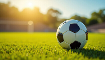 A soccer ball on the field in an inspiring moment. Promoting soccer, or association football.
