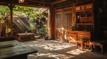 Fototapeta premium Sunlight filtering through leaves onto a wooden partition in a rustic interior